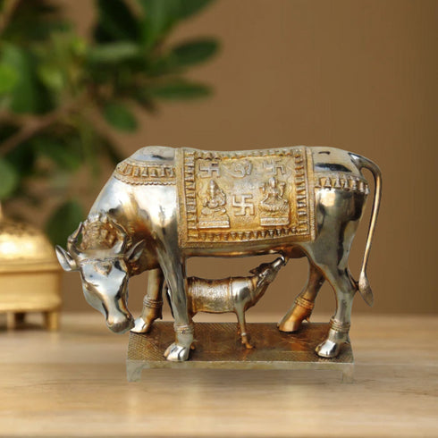 Brass Cow With Calf Statue 12.14Kg